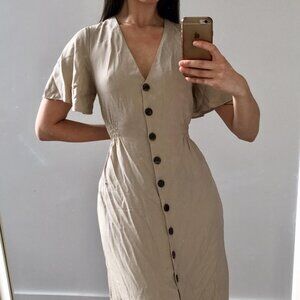 Zara Button Down Lyocell Short Sleeve Midi Dress Cream Nude Size Small